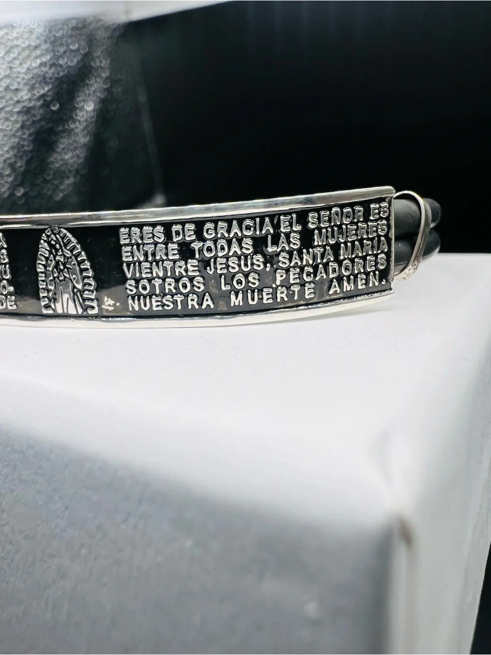 Men's Black Rubber and Sterling Silver 925 Prayer cuff, adjustable cuff